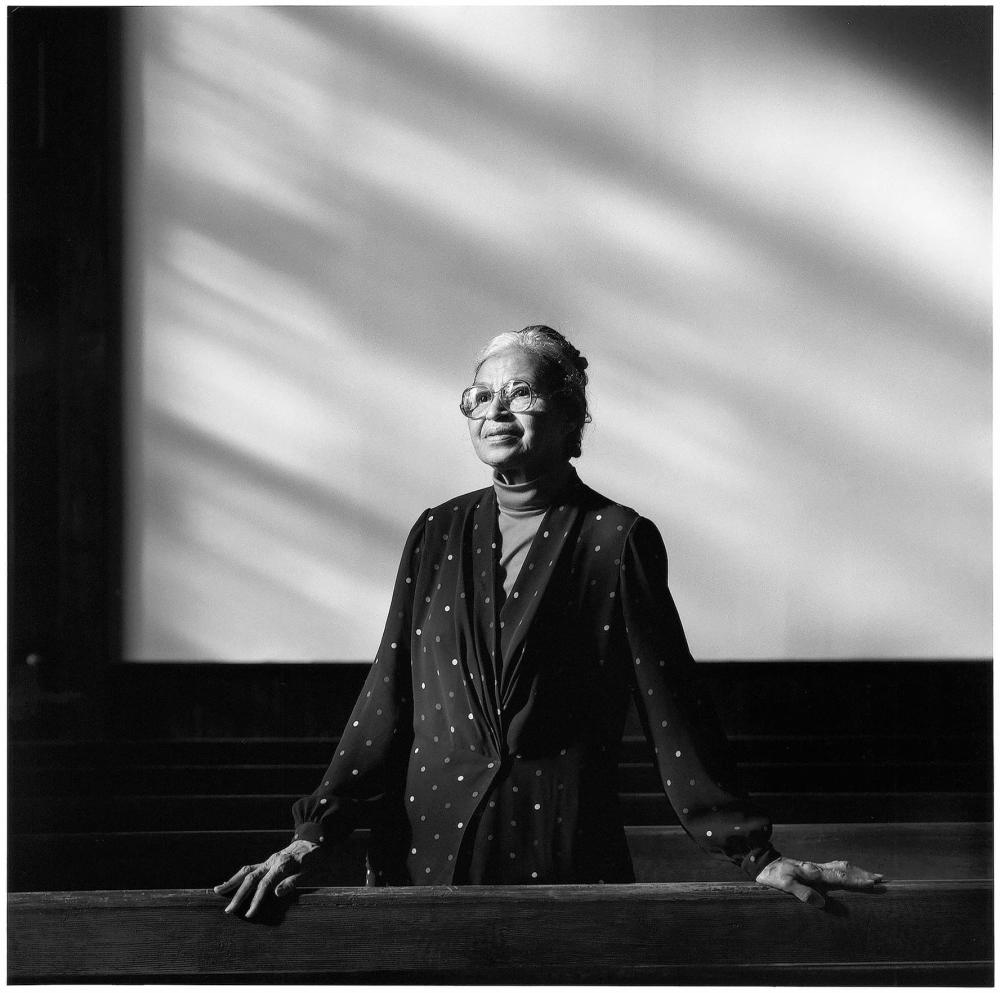 Portrait of Mrs. Rosa Parks in black and white.