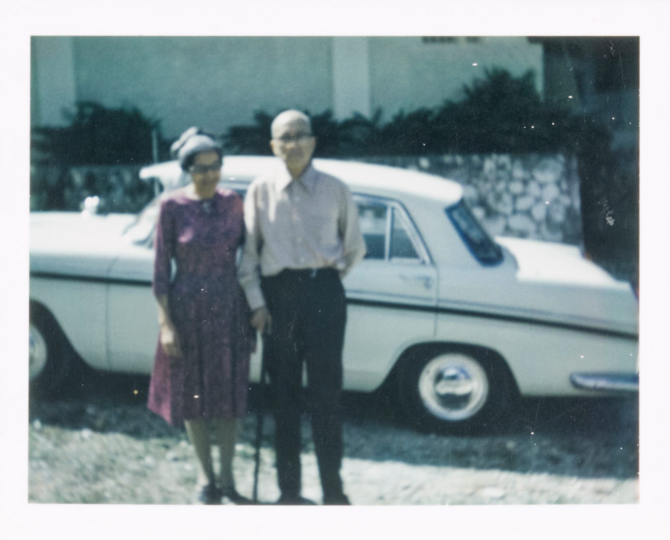 Rosa and Raymond Parks, Detroit, circa 1970, standing in front of a white car.