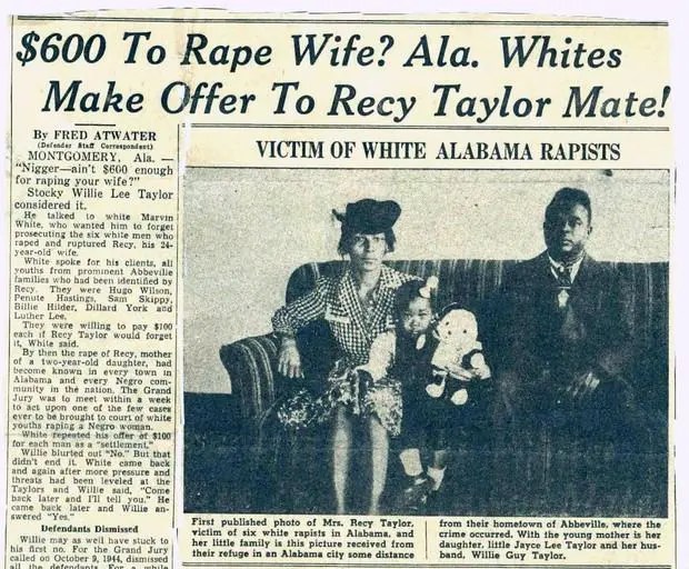 The Chicago Defender article titled $600 to Rape wife? Ala. Whites Make Offer to Recy Taylor