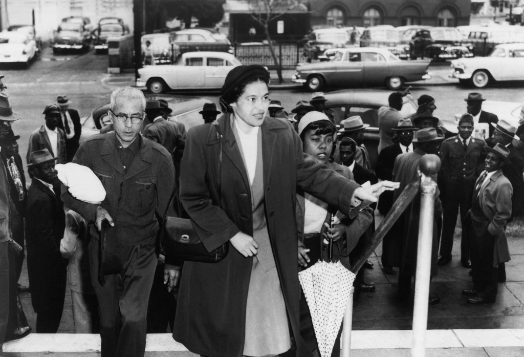 Mrs. Rosa Parks arriving at the Montgomery courthouse on February 22, 1956.
