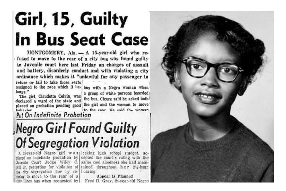 Newspaper clipping of Claudette Colvin found guilty in bus seat case.