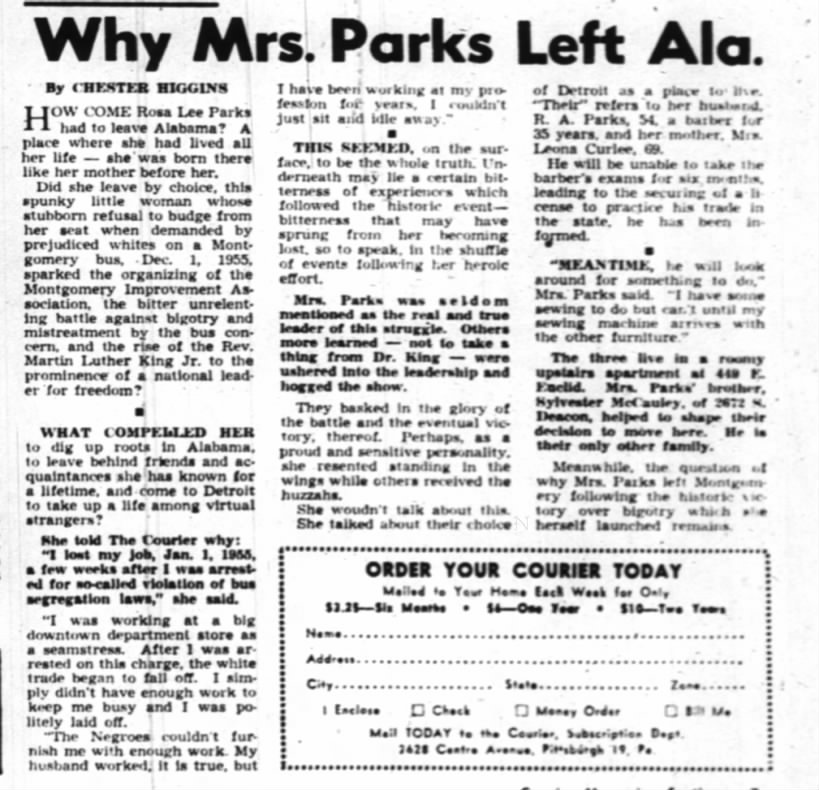 Newspaper article that says "WHy Mrs. Parks Left Ala.