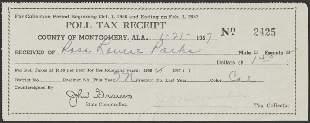 Poll Tax Receipt for Mrs. Rosa Parks, 1957.