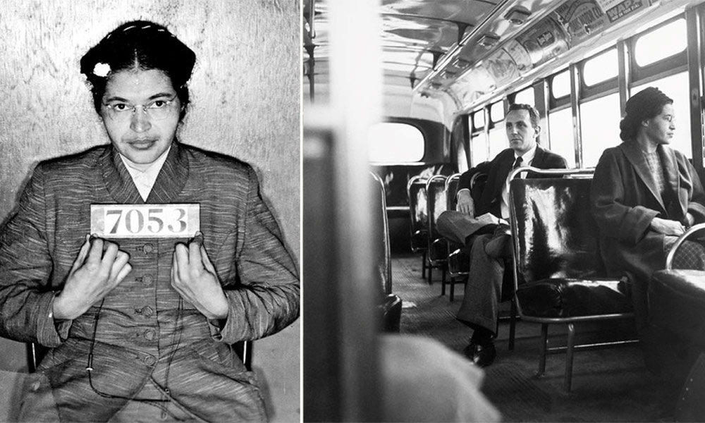 Left: A Montgomery (Ala.) Sheriff's Department booking photo of Rosa Parks taken February 22, 1956, in Montgomery, Ala. Right: This undated file photo shows Rosa Parks riding on the Montgomery Area Transit System bus. 