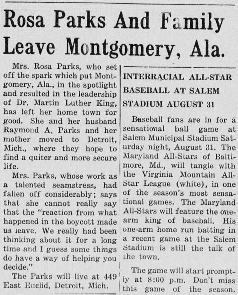 Newpaper clipping that states "Rosa Parks and Family Leave Montgomery, Ala." and explaining why.