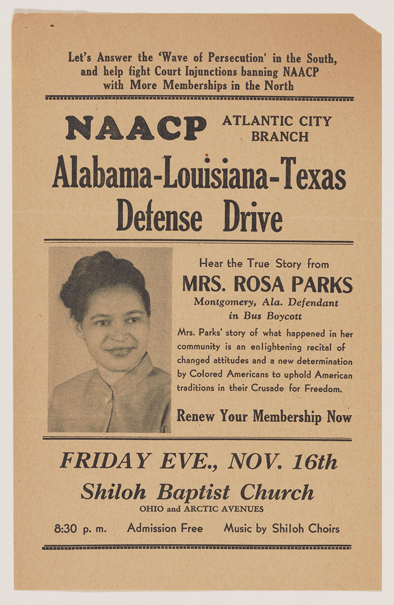 Vintage NAACP Atlantic City Branch flyer promoting the Alabama–Louisiana–Texas Defense Drive, featuring a portrait of Rosa Parks and announcing her appearance at Shiloh Baptist Church on Friday evening, Nov. 16.