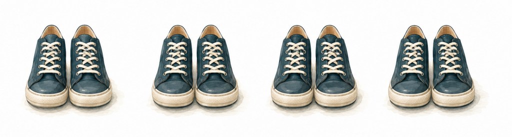 Four identical pairs of blue canvas shoes arranged in a row on a white background.