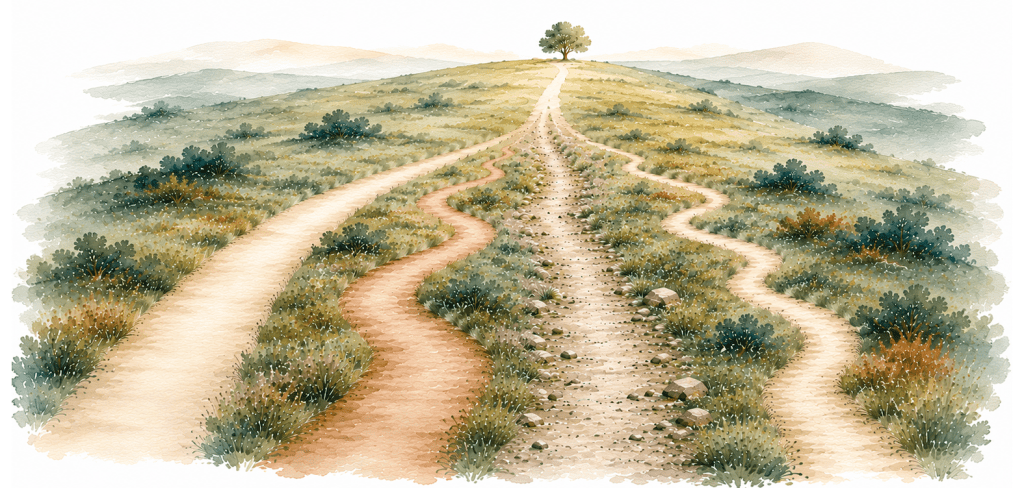 Watercolor-style illustration of four paths crossing a grassy hillside. Each path follows a different route, including smooth, winding, and rocky terrain, before converging into a single path leading toward a tree in the distance.