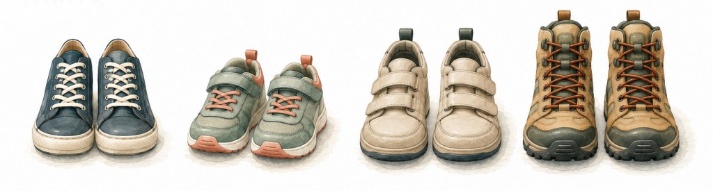 Four different pairs of shoes arranged in a row on a white background, including a blue canvas shoe, a child's shoe, a Velcro shoe, and a hiking boot.