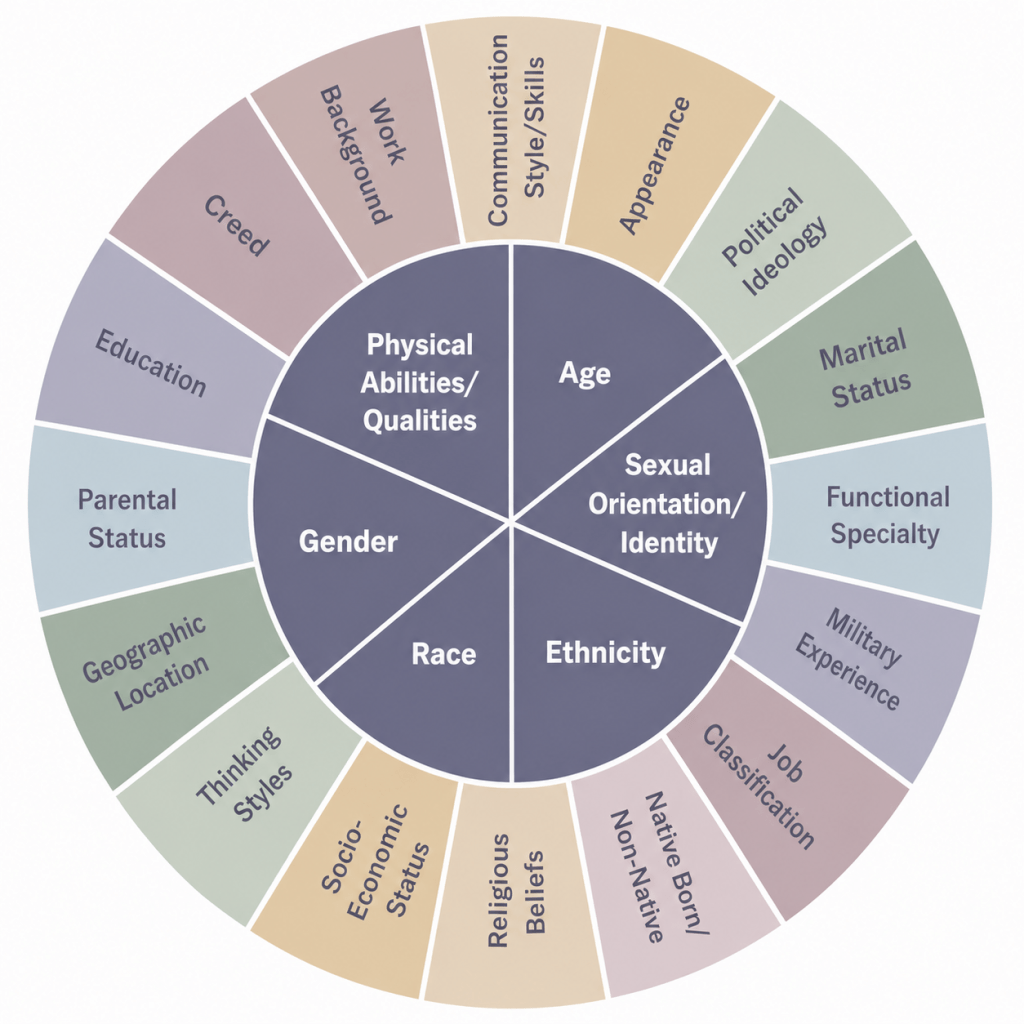 Diagram showing multiple dimensions of identity and experience, including race, ethnicity, gender, age, ability, religion, socioeconomic status, language, education, geographic location, and other characteristics that contribute to diversity within a group.